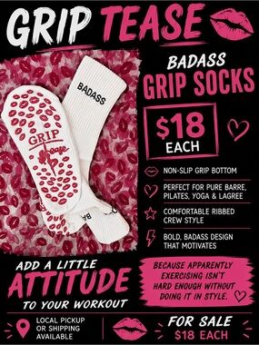 Badass Grip Tease Non-Slip Crew Socks - White with Pink Grip